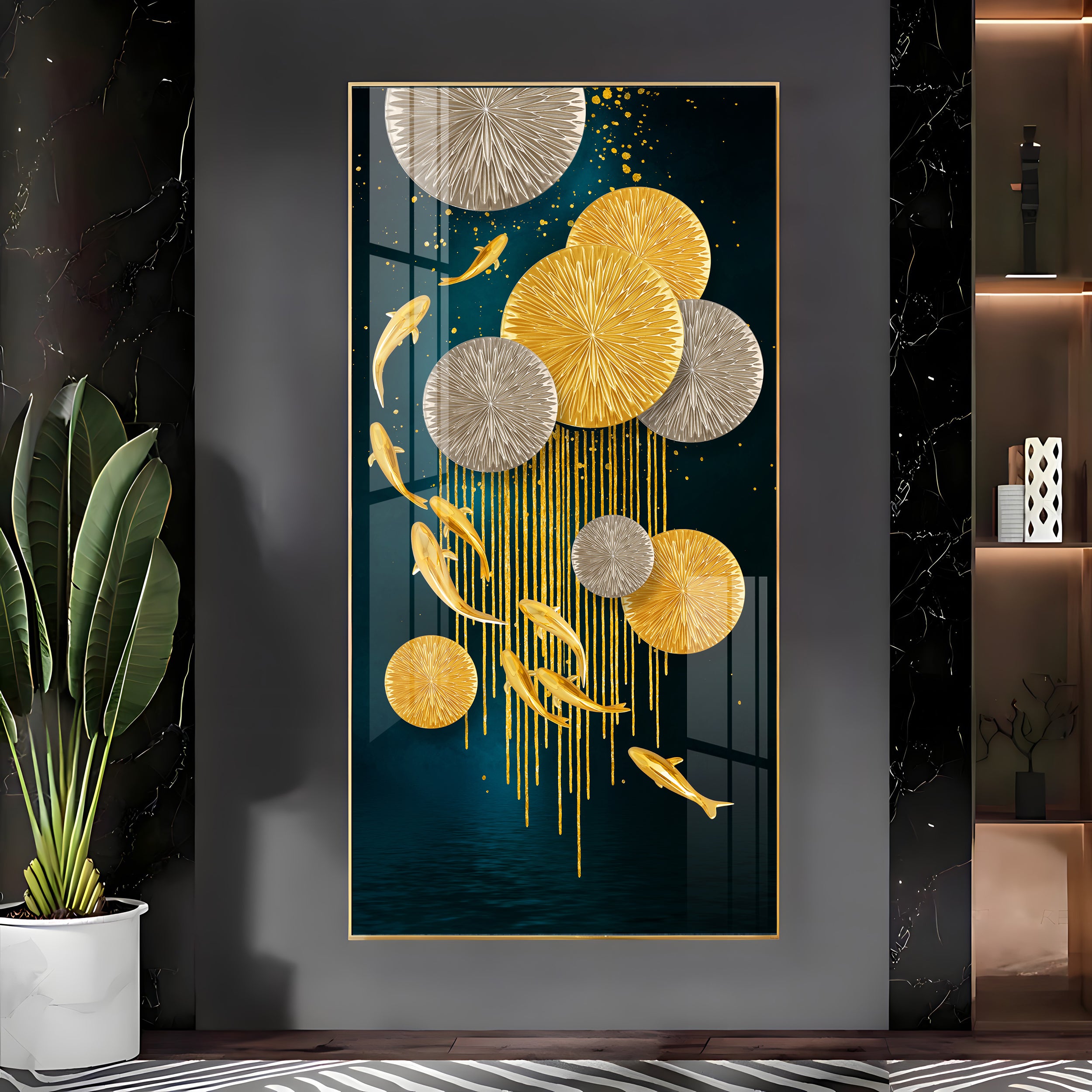 Golden Fish With Lotus Luxury Crystal Wall Art