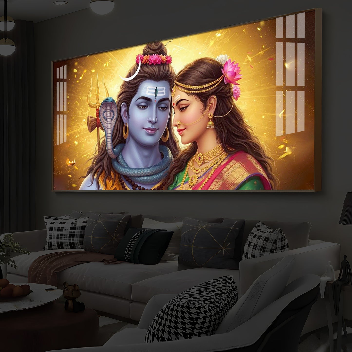 Shiv Parvati Modern Luxury Backlight Horizontal Wall Art