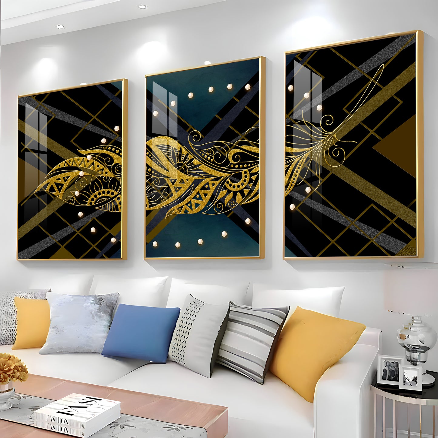 Golden Plume Traid Premium Acrylic Wall Art (Set of 3)