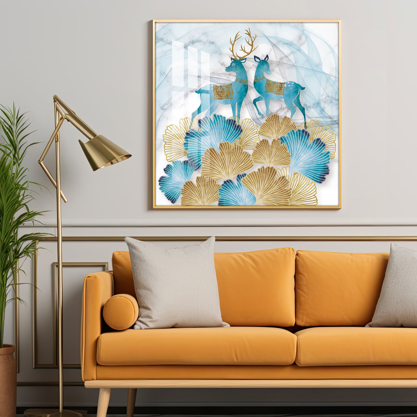 Blue Deer With Ginkgo Leaf Premium Acrylic Square Wall Art