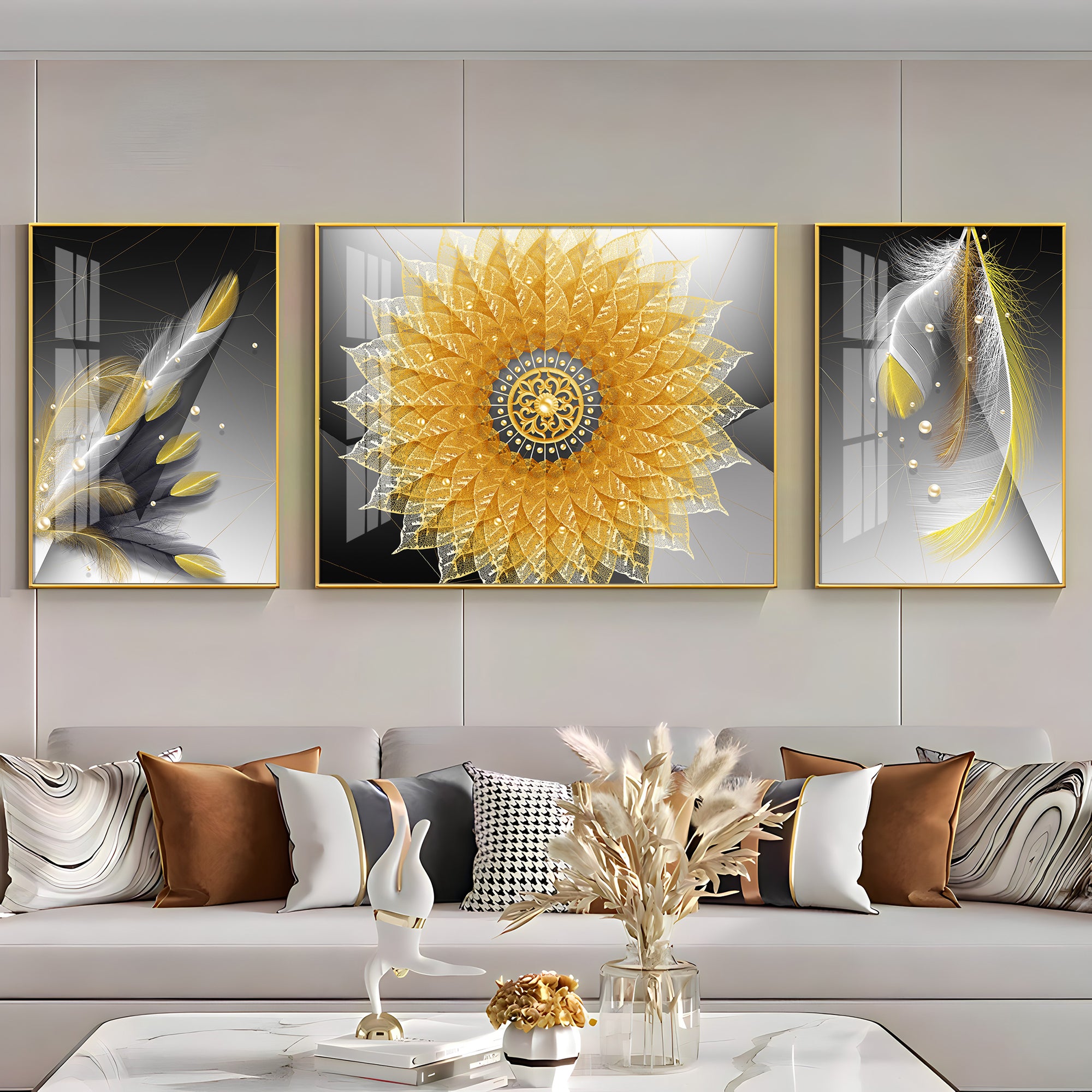 Golden Mandala With Feathers Premium Acrylic Wall Art (Set of 3)