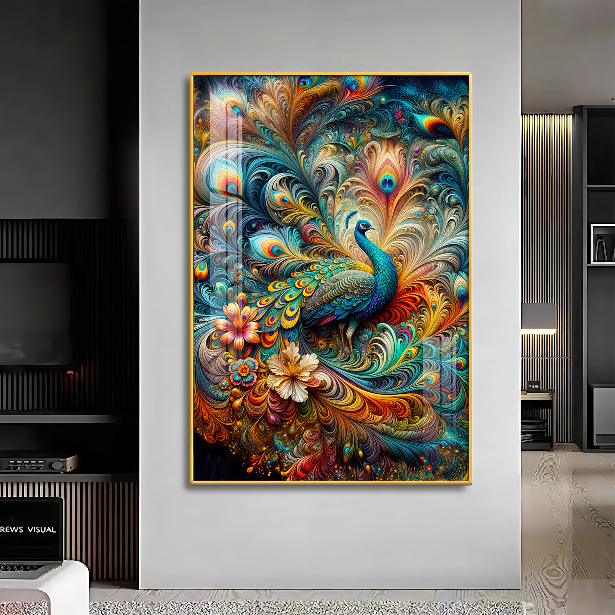 Chromatic Peacock Elegance Luxury Crystal Vertical Wall Art