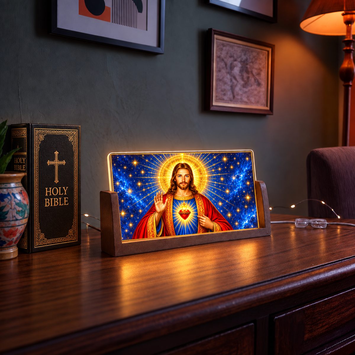 Holy Jesus Acrylic LED Table Lamp - Wooden Stand