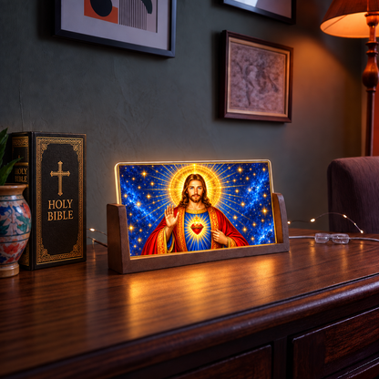 Holy Jesus Acrylic LED Table Lamp - Wooden Stand