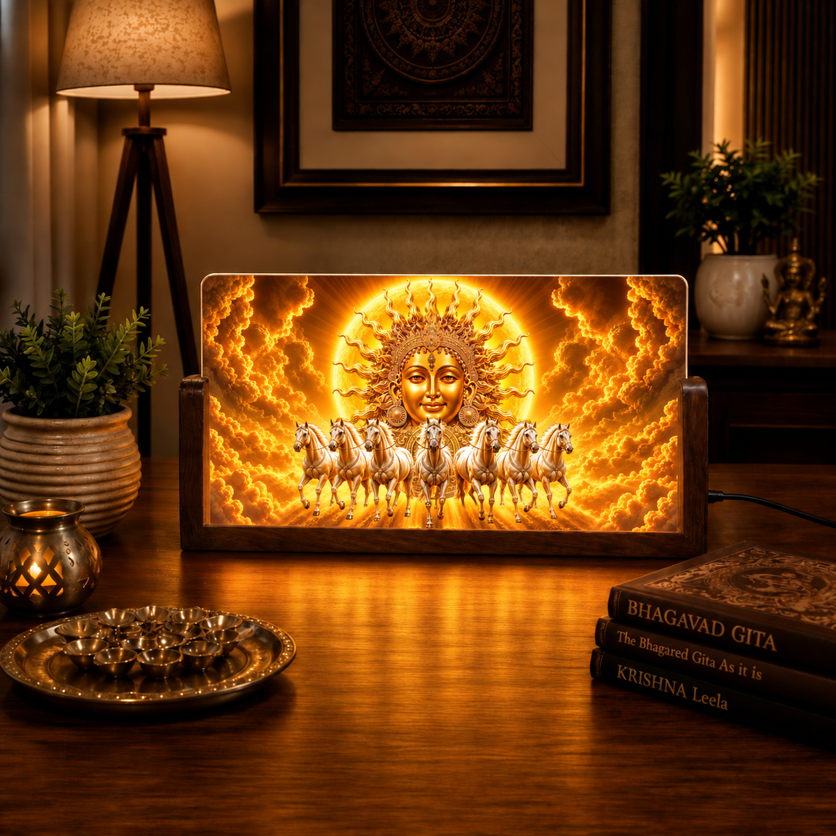 Surya Dev with Seven Horses Acrylic LED Table Lamp - Wooden Stand