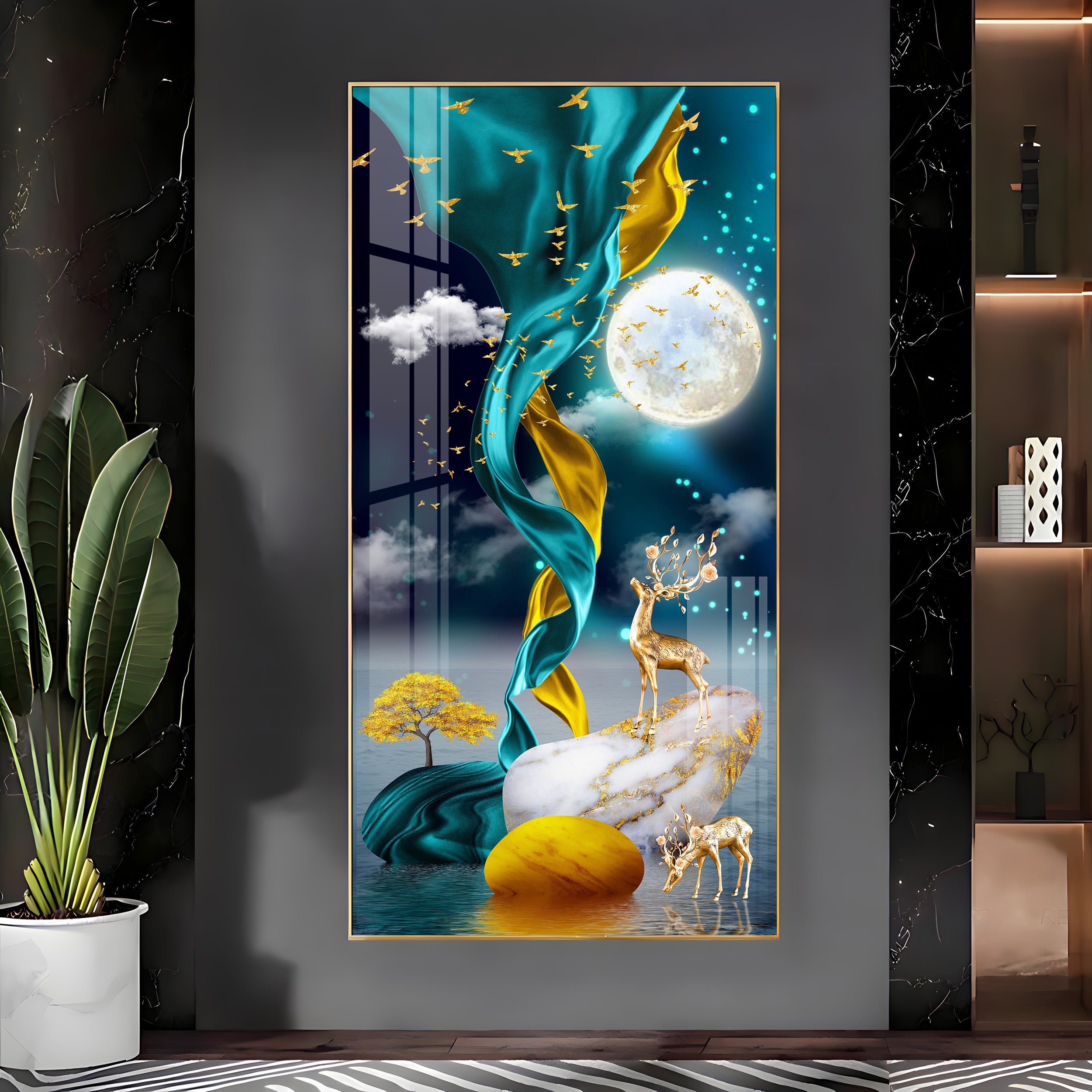 Deers With Full Moon Premium Acrylic Vertical Wall Art