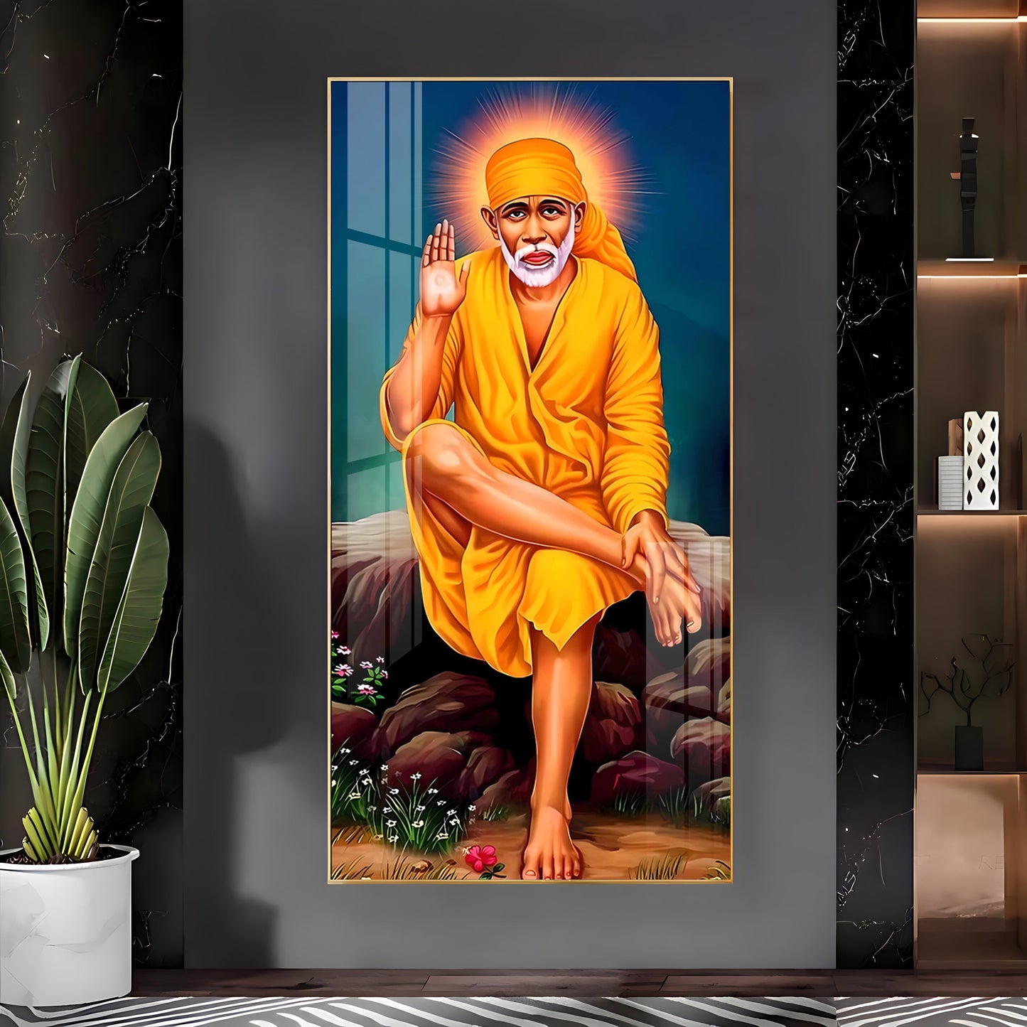 Shirdi Sai Baba Premium Acrylic Vertical Wall Art - 24X12 inches / Gold