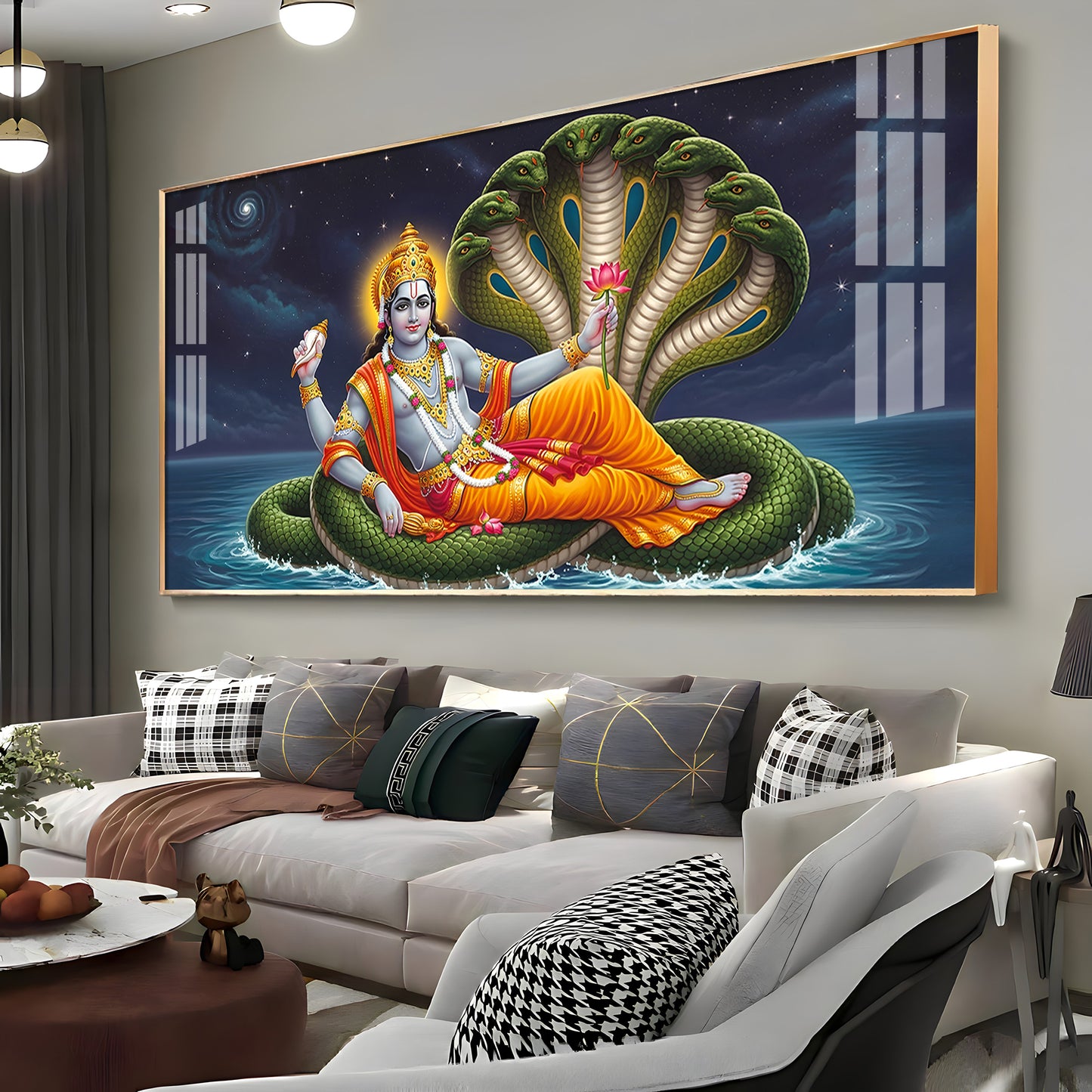 Lord Vishnu on Sheshnag Premium Acrylic Horizontal Wall Art