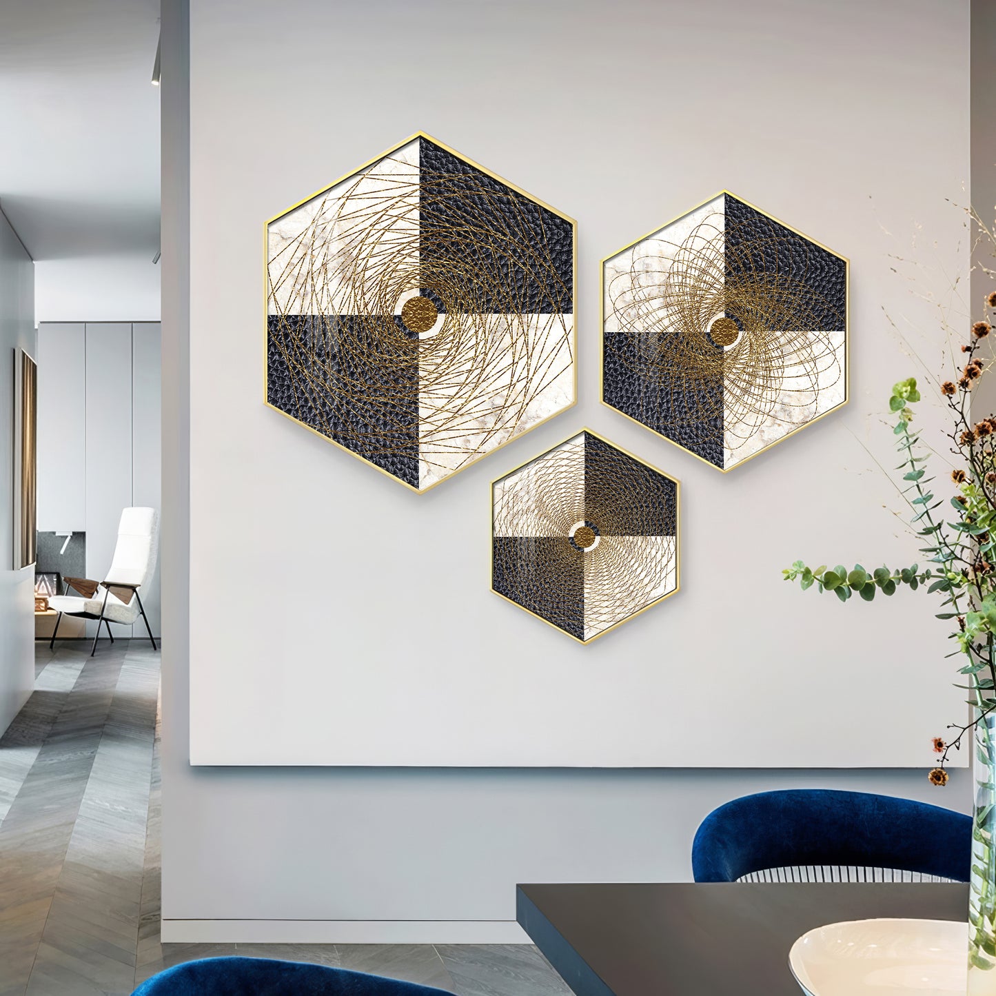 Spiral In Golden Premium Acrylic Hexagon Wall Art (Set of 3)