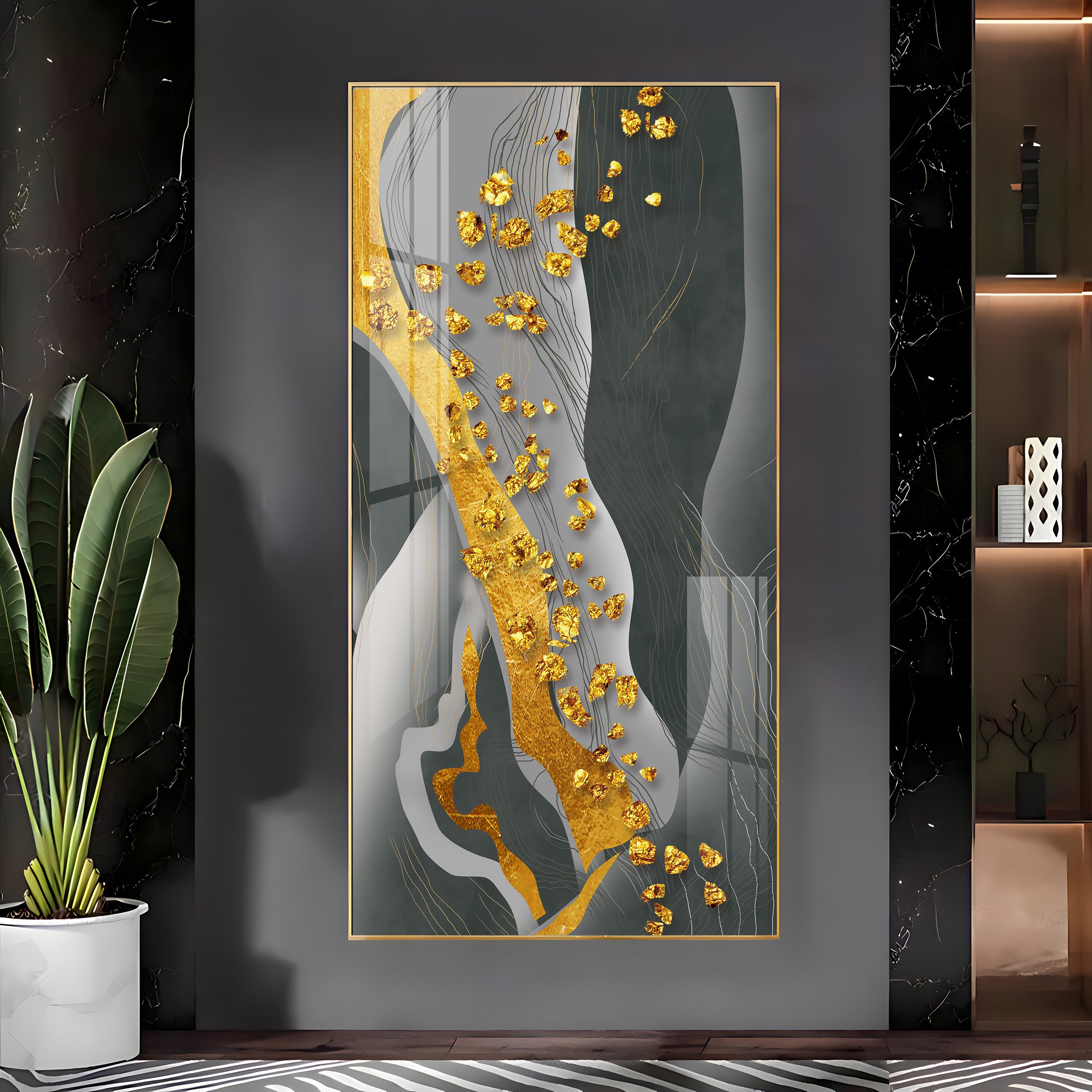 Glittering Golden Flowers Premium Acrylic Vertical Wall Art
