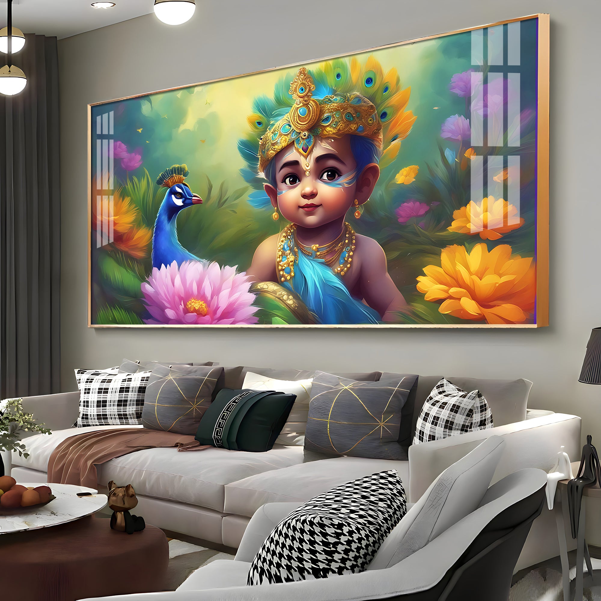 Little Krishna With Peacock Premium Acrylic Horizontal Wall Art
