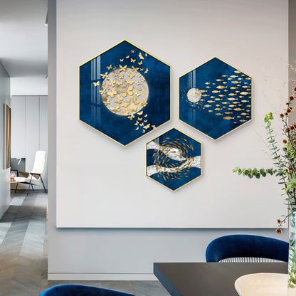 Golden Fish And Butterfly Premium Acrylic Hexagon Wall Art (Set of 3)