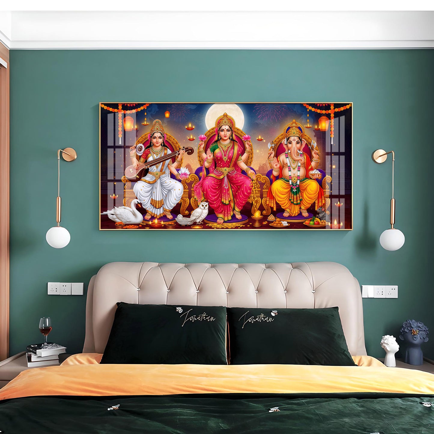 Lord Ganesha With Godess Saraswati and Maa Laxmi Premium Acrylic Horizontal Wall Art