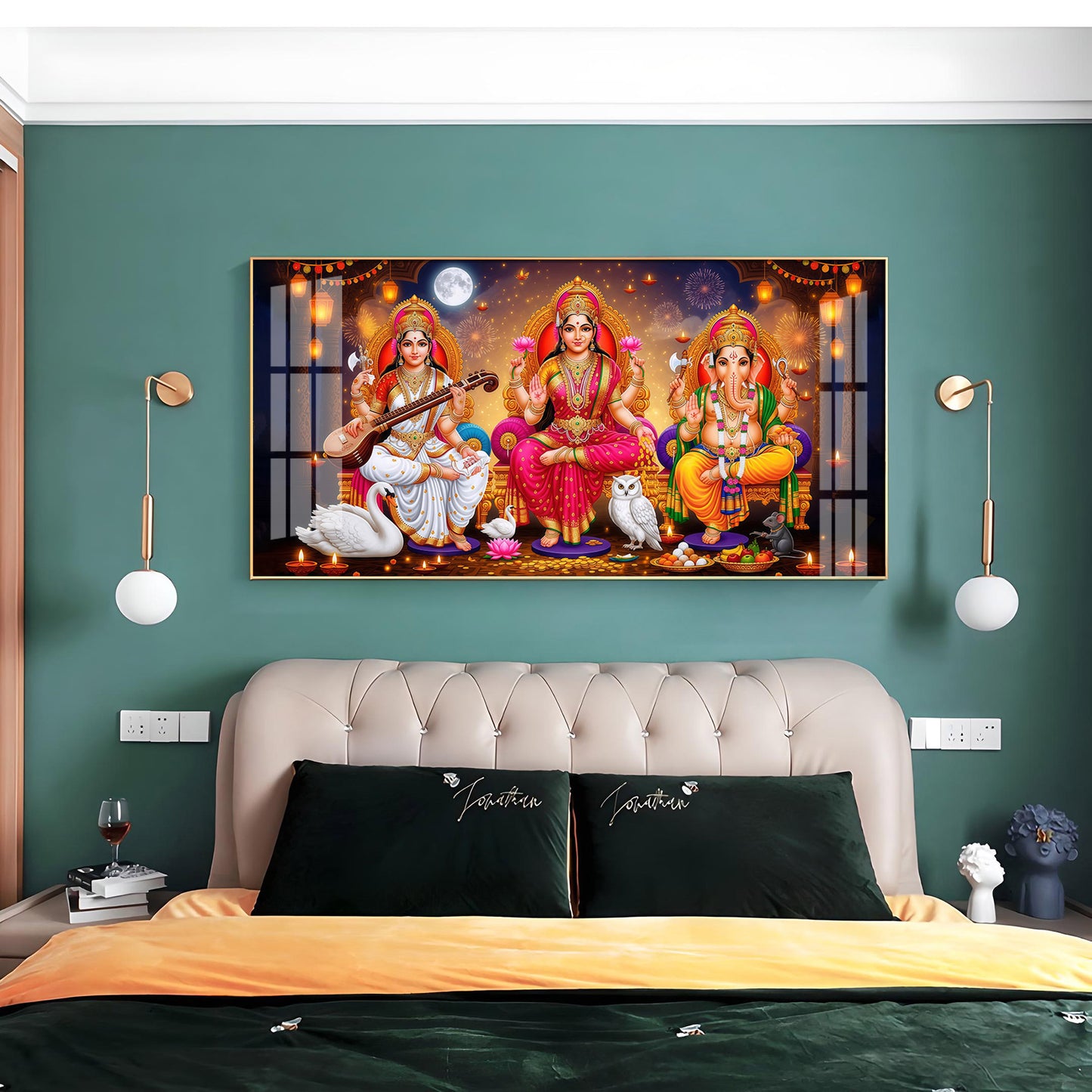 Maa Laxmi With lord Ganesh ji and Godess Saraswati Premium Acrylic Horizontal Wall Art