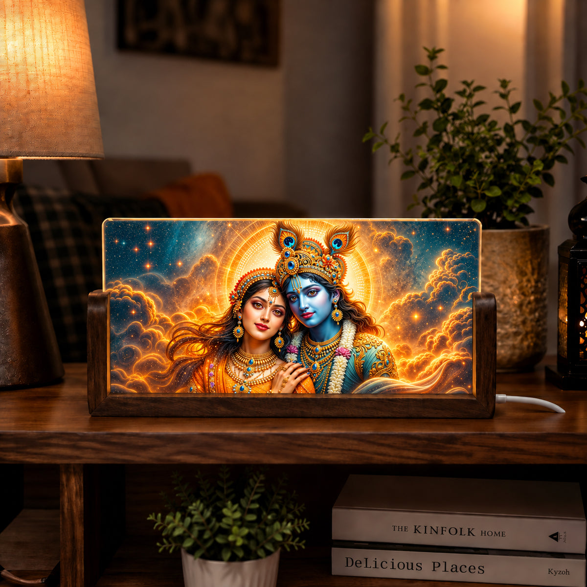 Divine Radha Krishna Acrylic LED Table Lamp - Wooden Stand