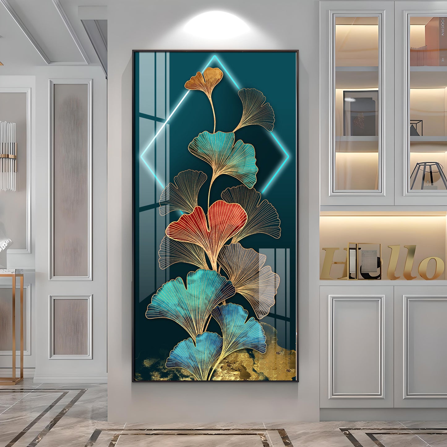 Ginkgo Leaf Entrance Hall Gold Foil Premium Acrylic Vertical Wall Art