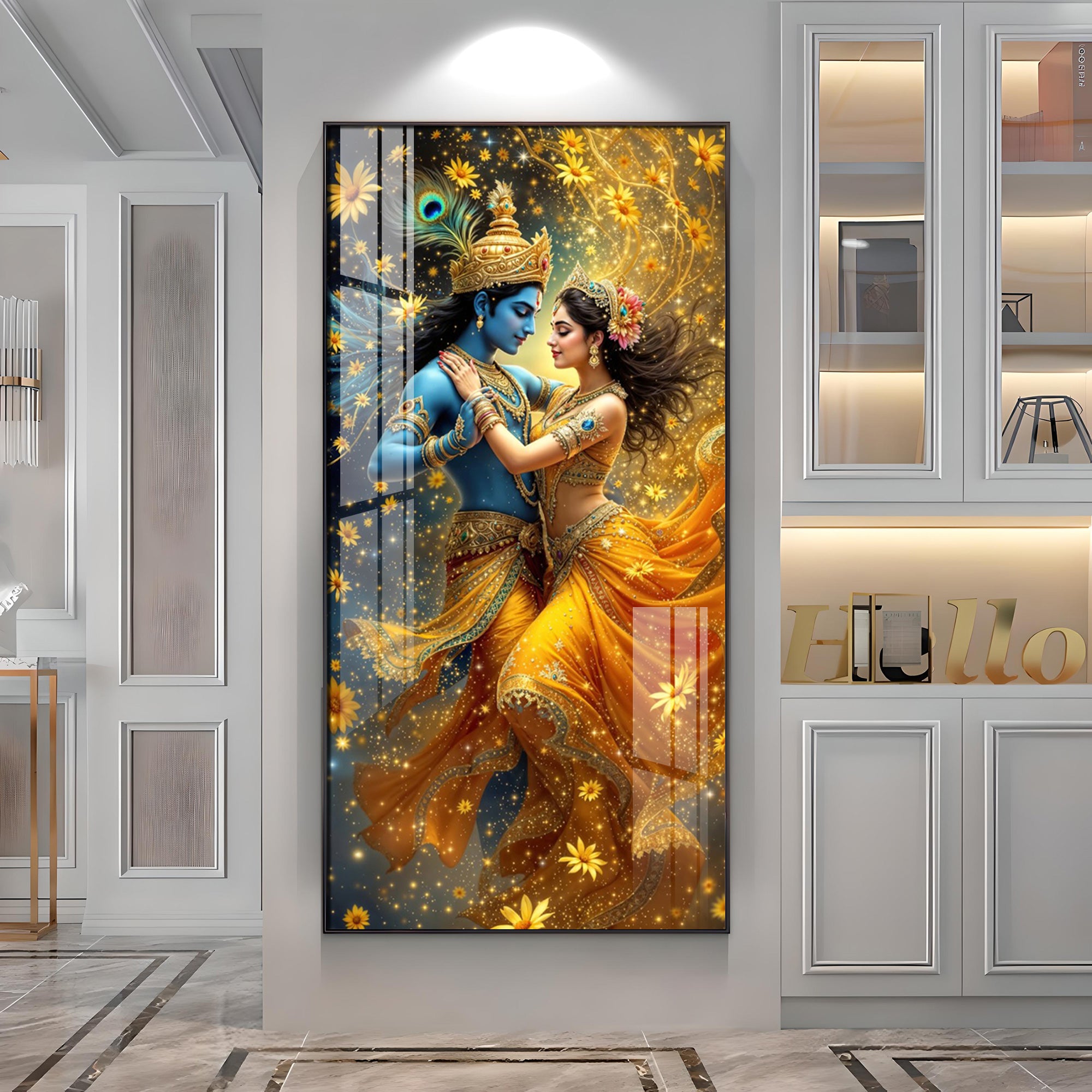 Radha And Krishna in Golden Splendor Flower Premium Acrylic Vertical Wall Art