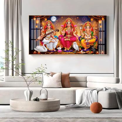 Maa Laxmi With lord Ganesh ji and Godess Saraswati Premium Acrylic Horizontal Wall Art