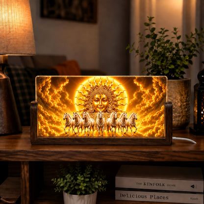 Surya Dev with Seven Horses Acrylic LED Table Lamp - Wooden Stand