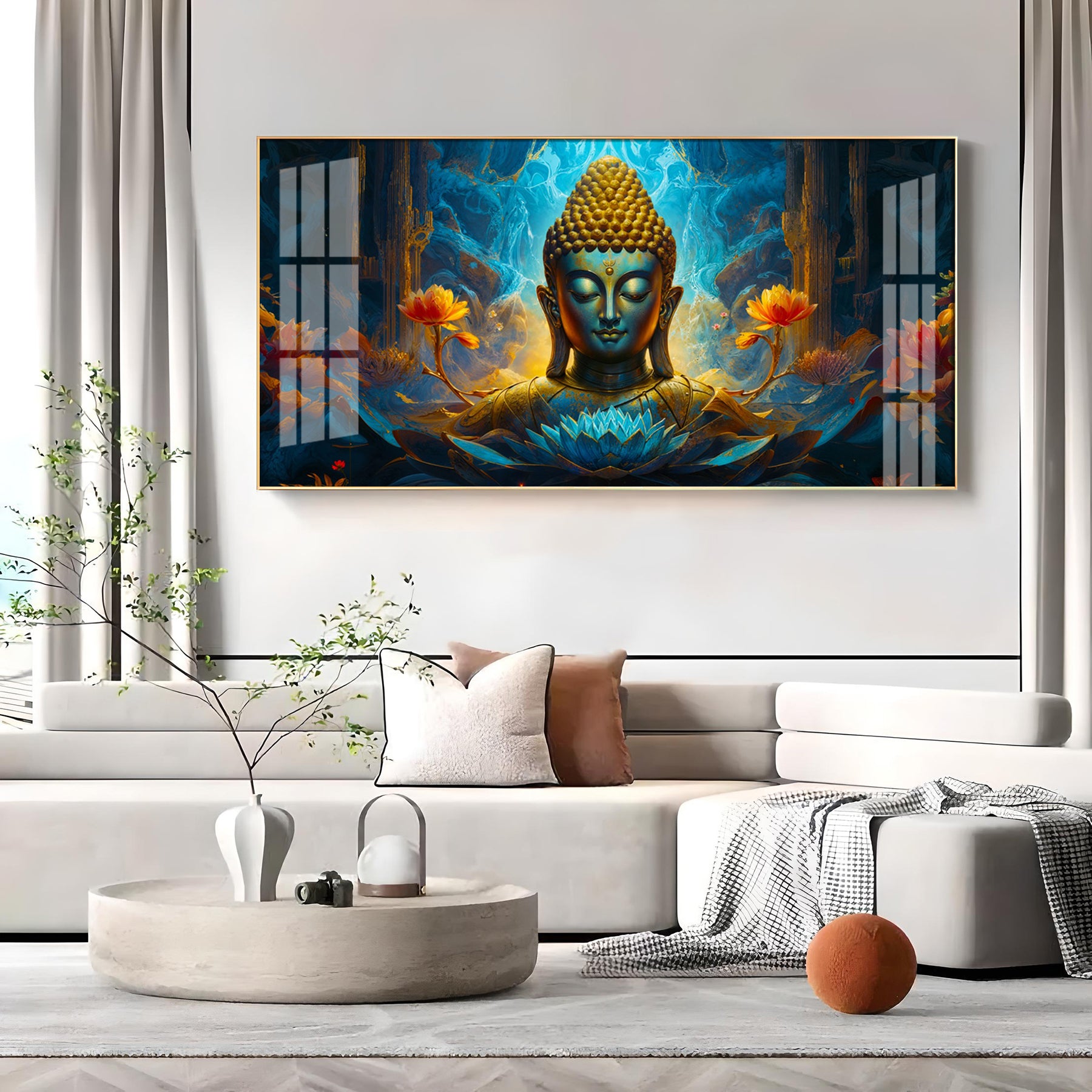 Tranquil Buddha Art In Blue Premium Acrylic Horizontal Wall Art