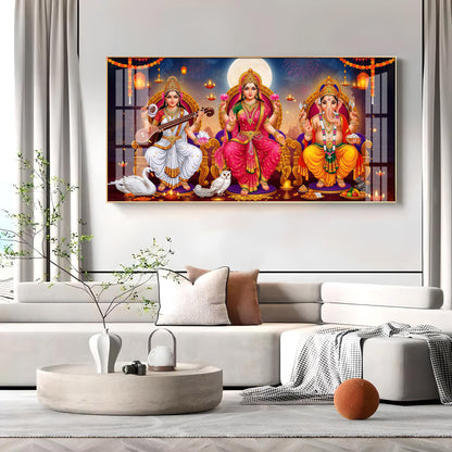 Lord Ganesha With Godess Saraswati and Maa Laxmi Premium Acrylic Horizontal Wall Art