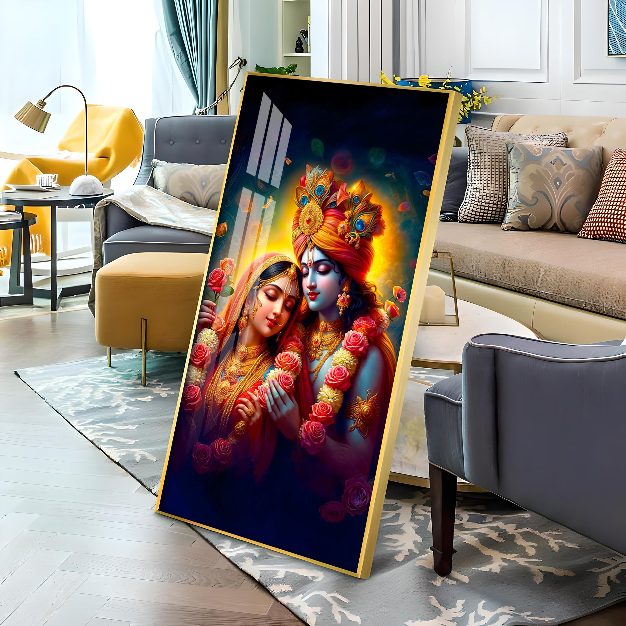 Krishna And Radha Bond Premium Acrylic Vertical Wall Art