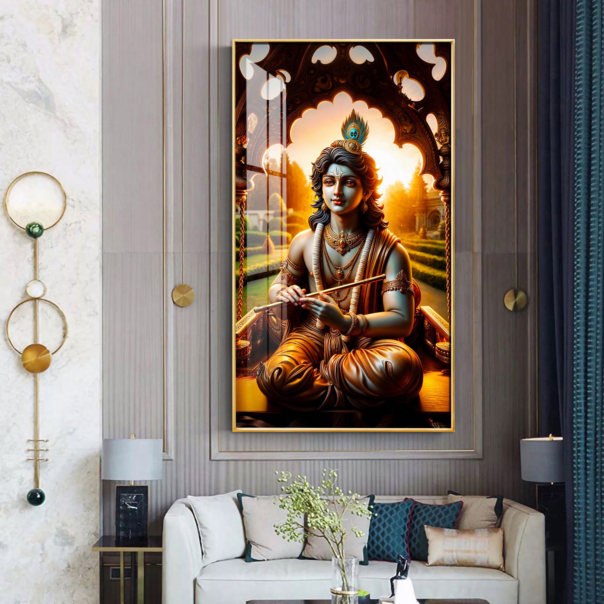 Krishna On His Throne Premium Acrylic Vertical Wall Art