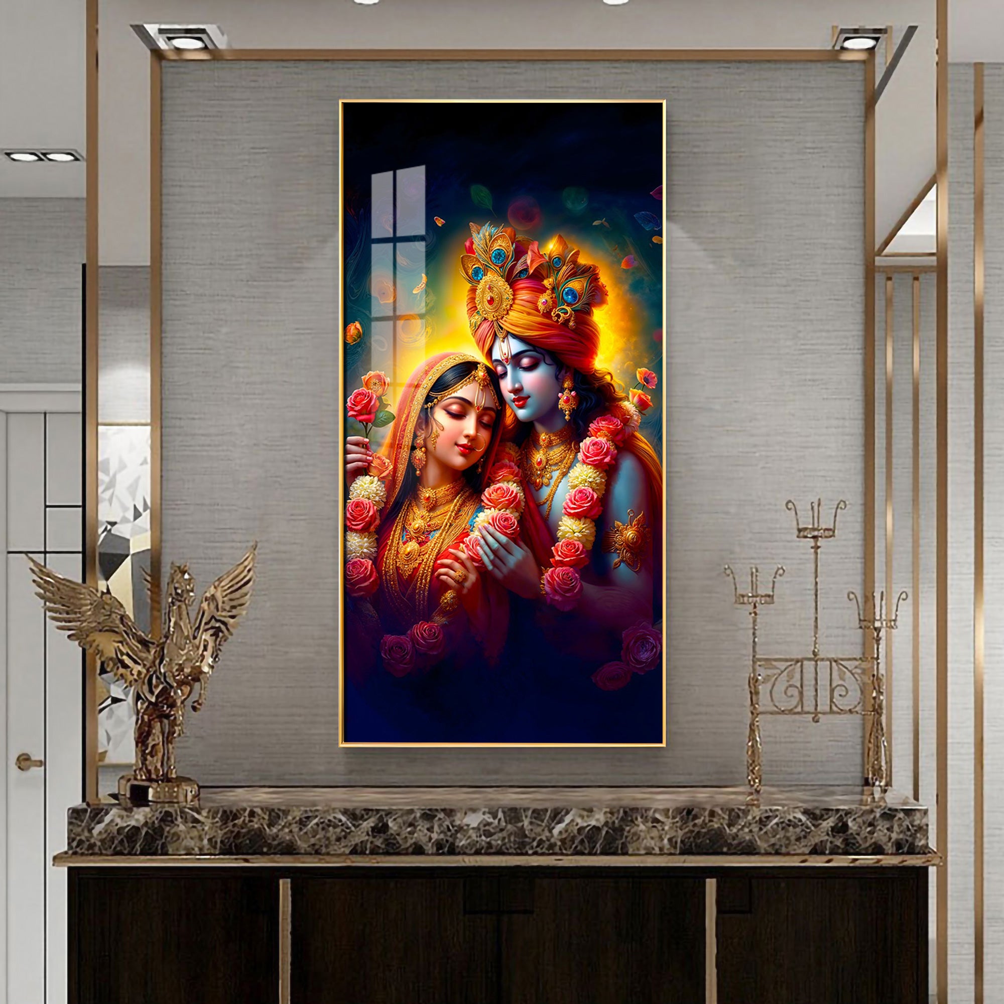 Krishna And Radha Bond Premium Acrylic Vertical Wall Art
