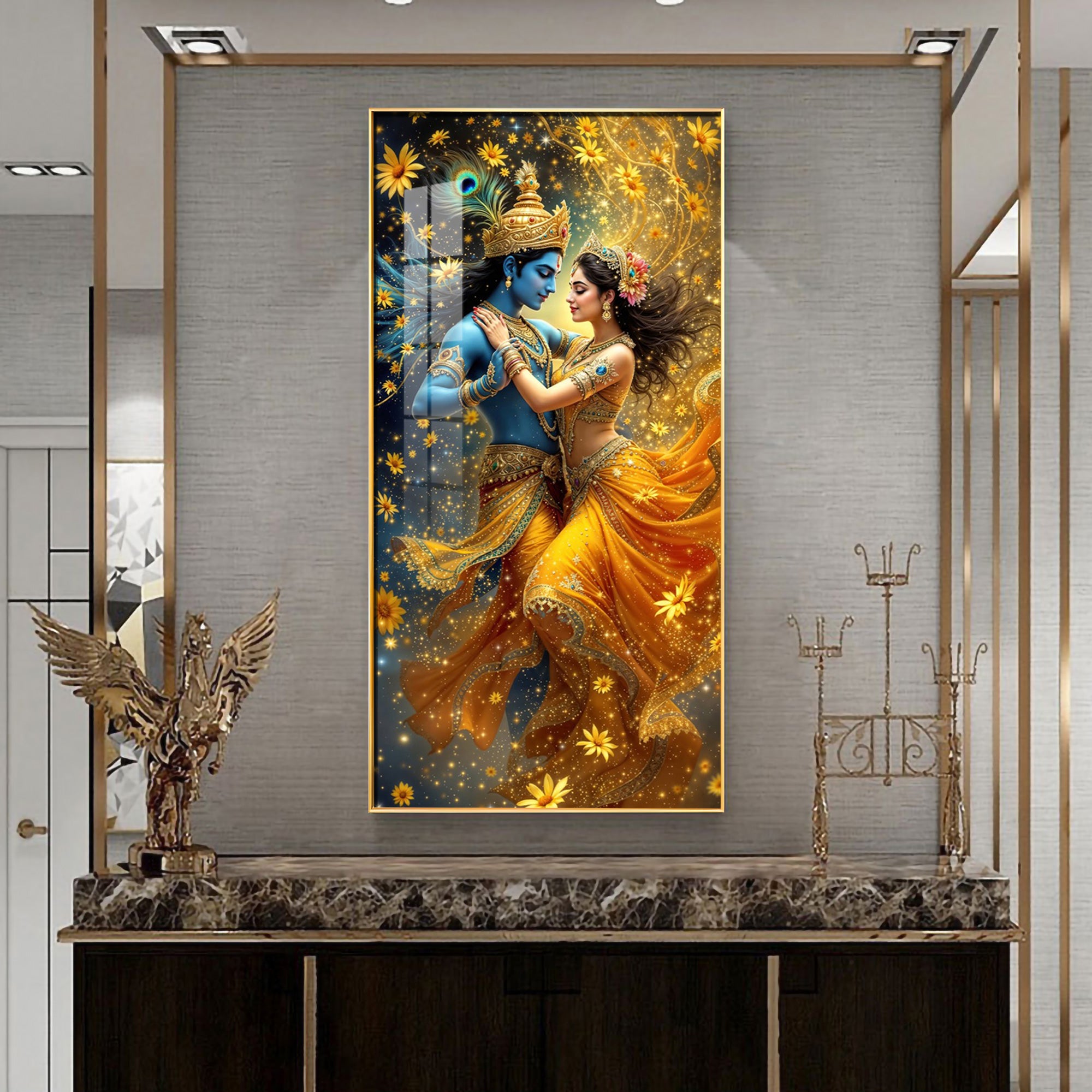 Radha And Krishna in Golden Splendor Flower Premium Acrylic Vertical Wall Art