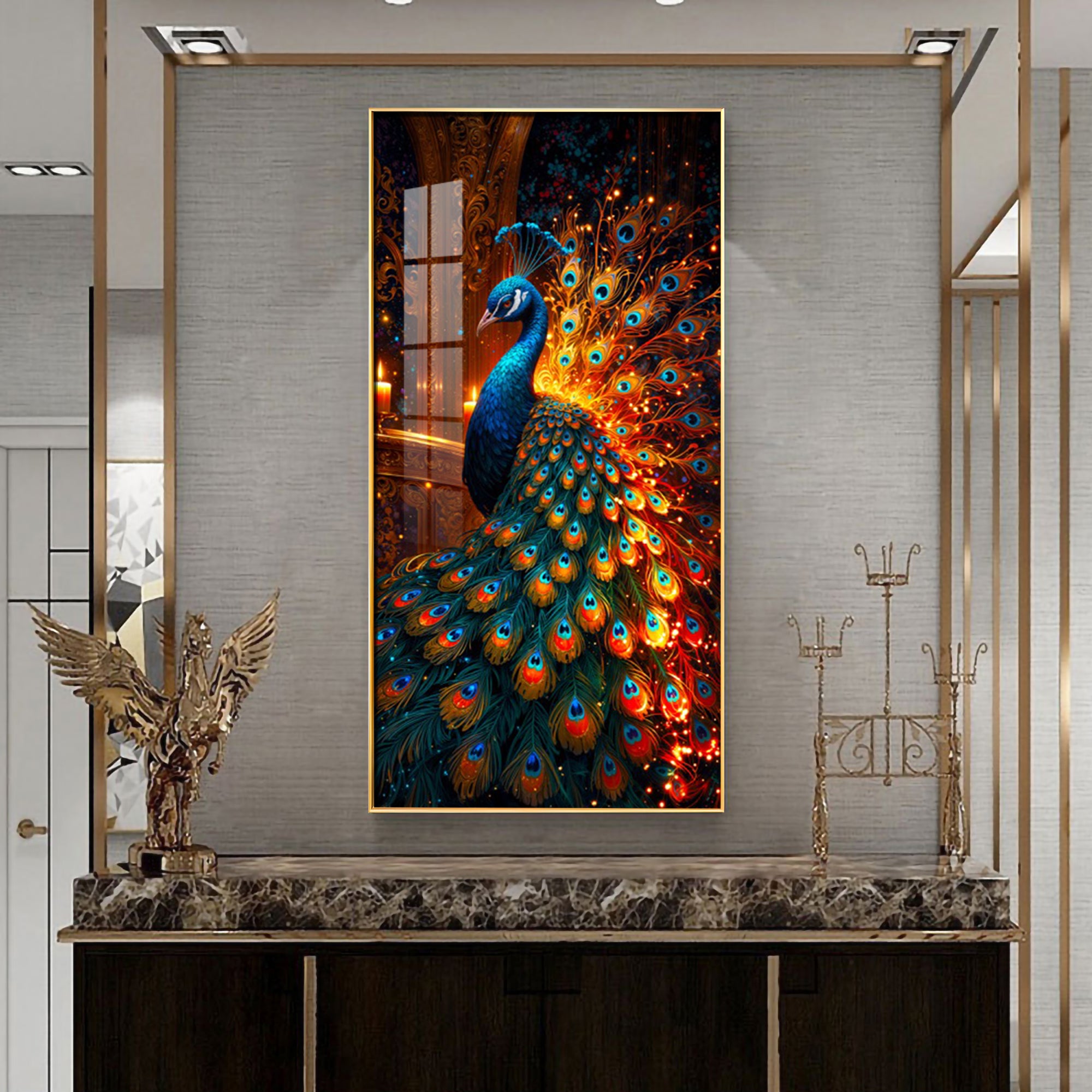 Peacock In Blaze Premium Acrylic Vertical Wall Art