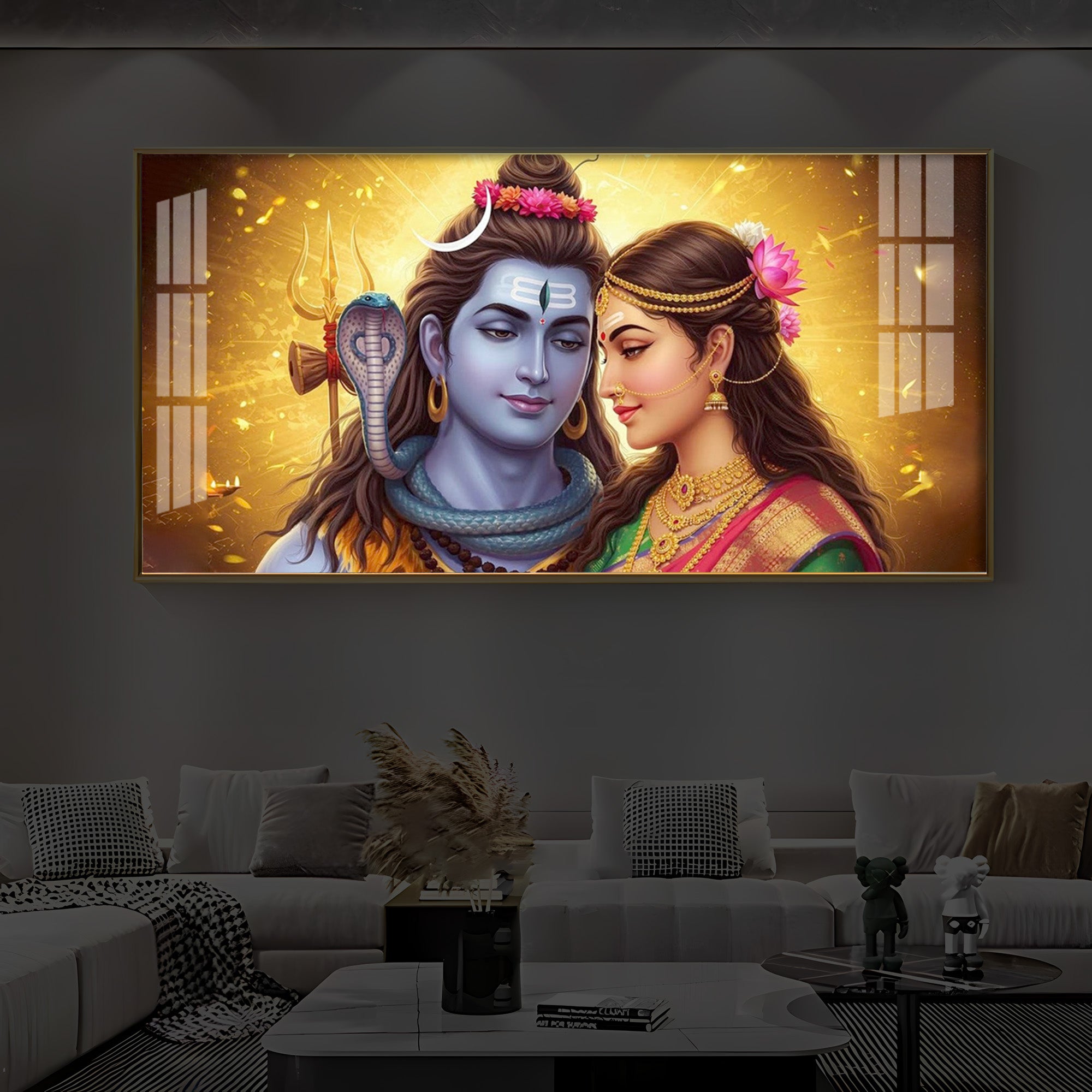 Shiv Parvati Modern Luxury Backlight Horizontal Wall Art