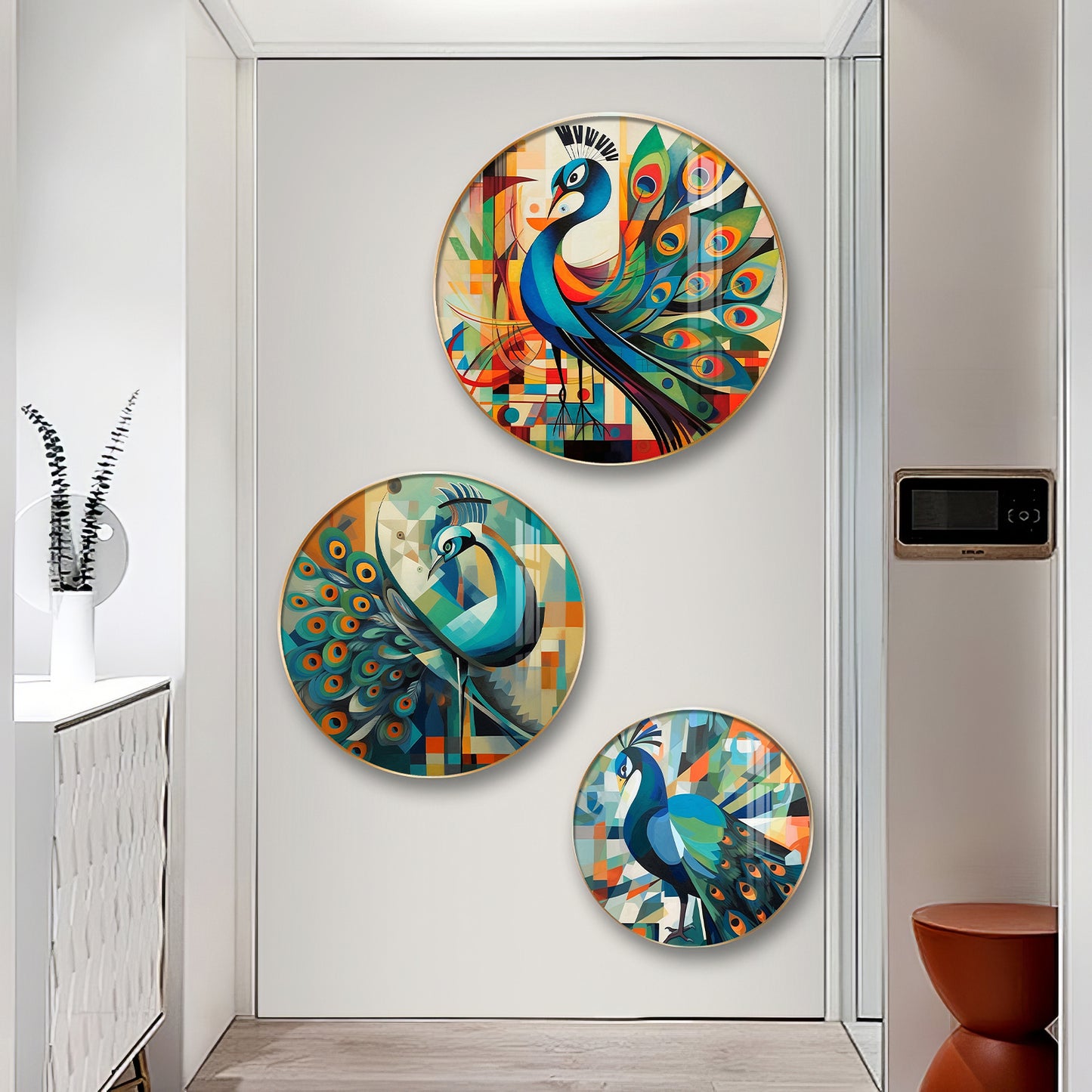 Colorful Peacock Abstract Premium Acrylic Round Wall Art (Set of 3)