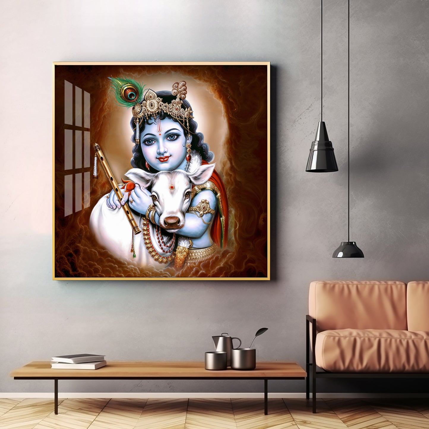 Krishna With Bansuri & Cow Premium Acrylic Horizontal Wall Art