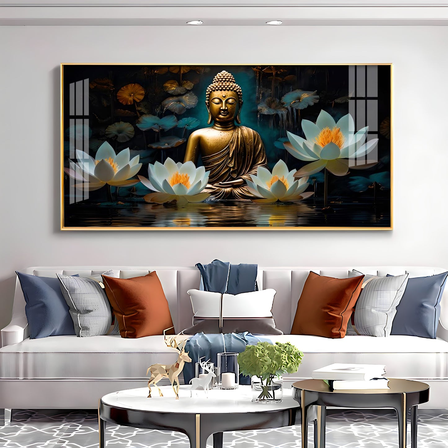 Buddha With White Lotus Premium Acrylic Horizontal Wall Art