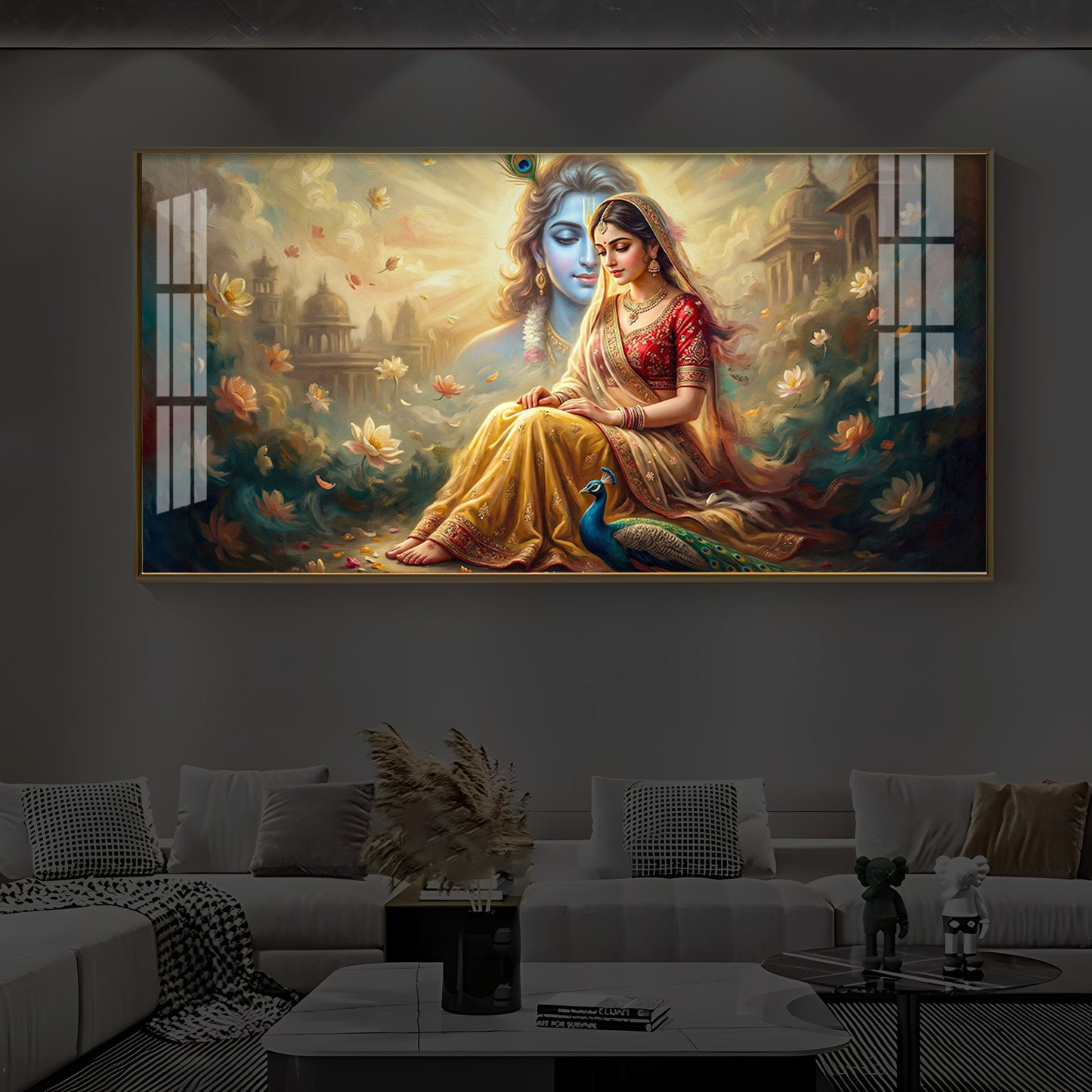 Loving Couple Radha Krishna Modern Luxury Backlight Horizontal Wall Art