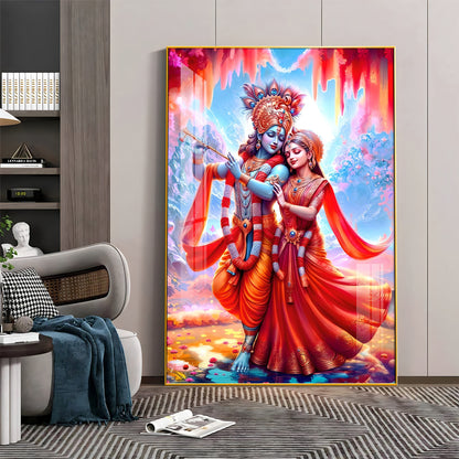 Beautiful Radha Krishna In Red Premium Acrylic Vertical Wall Art