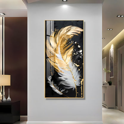 White & Golden Feather Luxury Crystal Vertical Wall Art