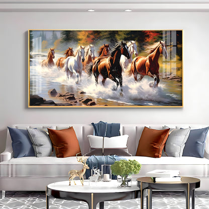 Running Horses in River Premium Acrylic Horizontal Wall Art