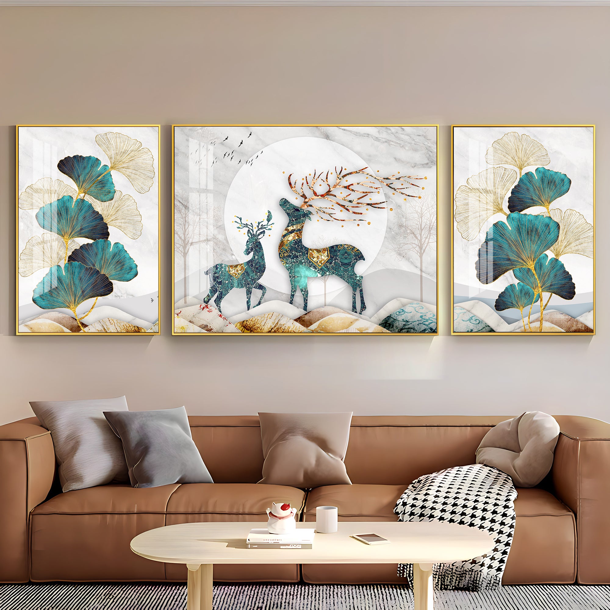 Rare Deer With Ginkgo Leaf Luxury Crystal Wall Art (Set of 3)