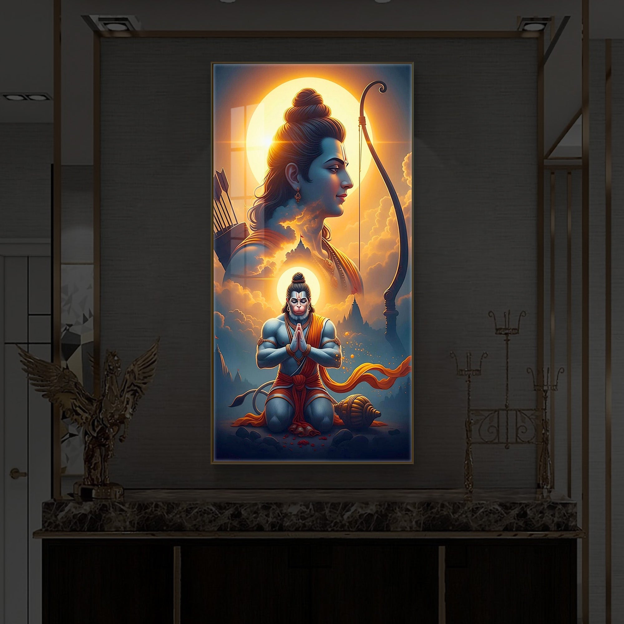 Ram and Hanuman Ji Modern Luxury Backlight Vertical Wall Art