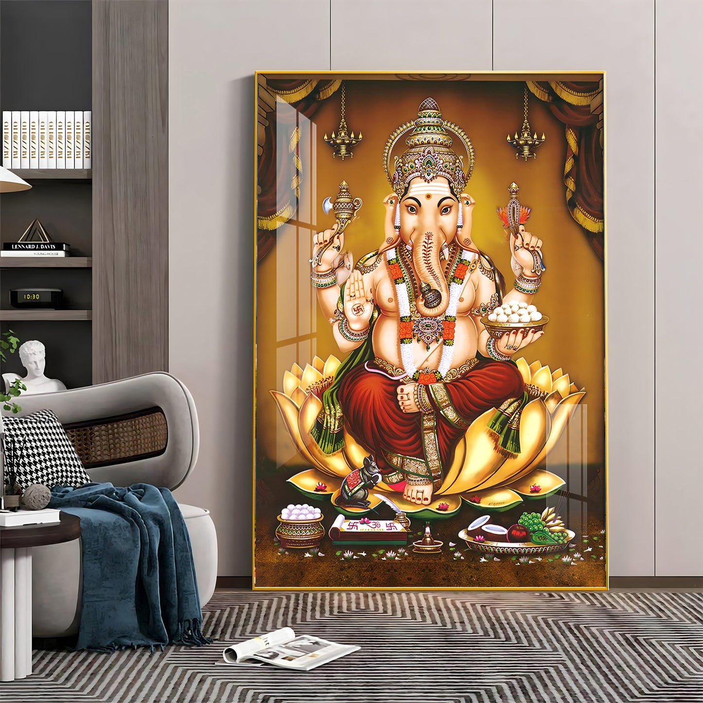 Lord Ganesha On Gold Lotus Premium Vertical Acrylic Wall Art