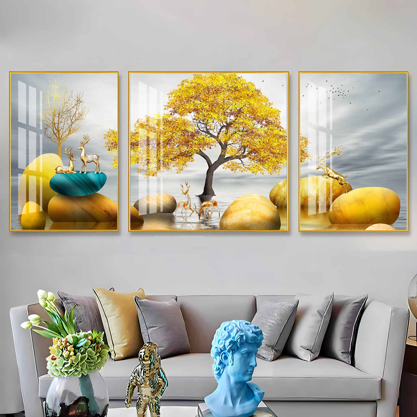 Golden Glory Premium Acrylic Wall Art (Set of 3)