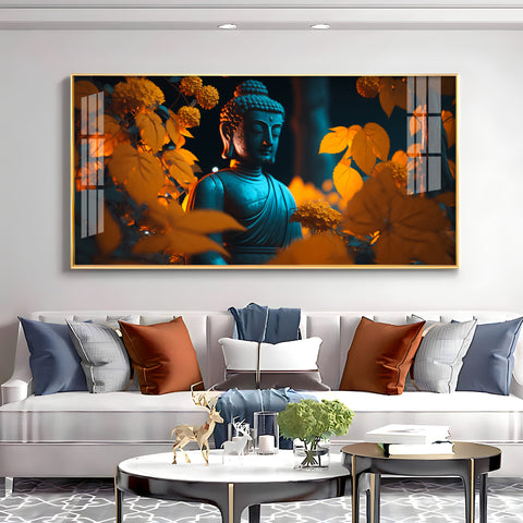 Buddha With Golden Autumn Fall Premium Acrylic Horizontal Wall Art