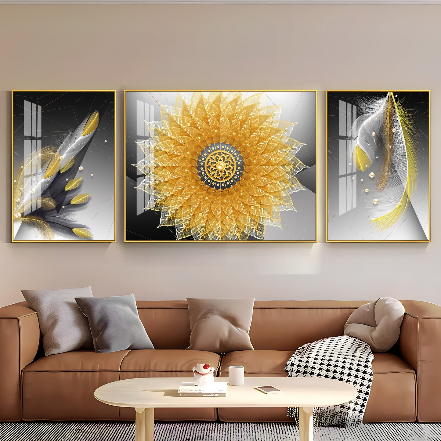 Golden Mandala With Feathers Premium Acrylic Wall Art (Set of 3)