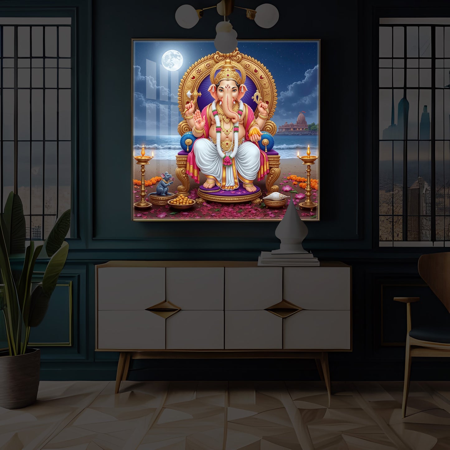 Shree Ganesh Ji Modern Luxury Backlight Square Wall Art