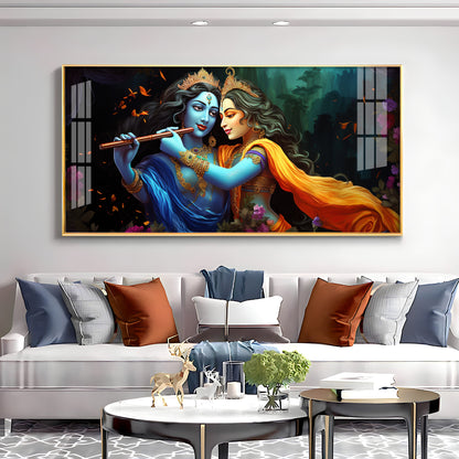 Radha Krishna Playing Bansuri Premium Acrylic Horizontal Wall Art