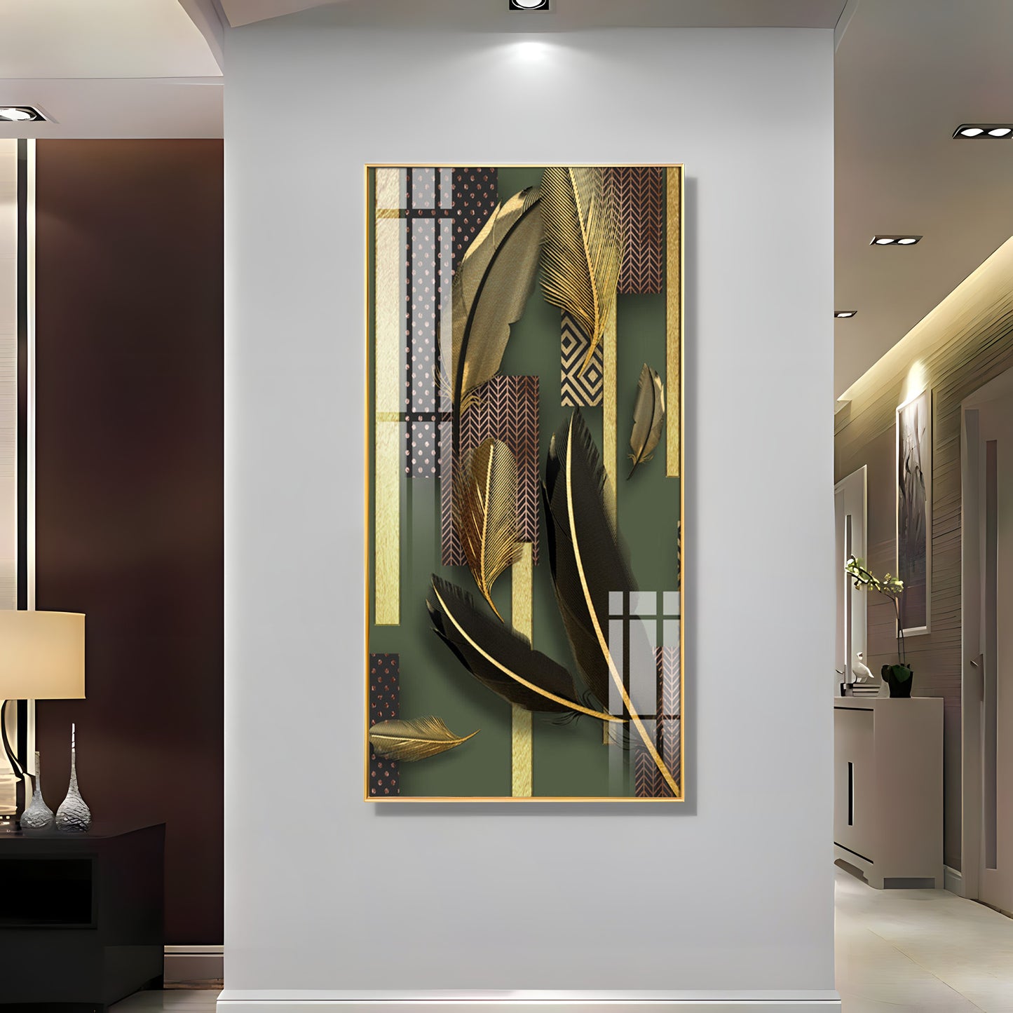 Black & Golden Feathers Premium Acrylic Vertical Wall Art