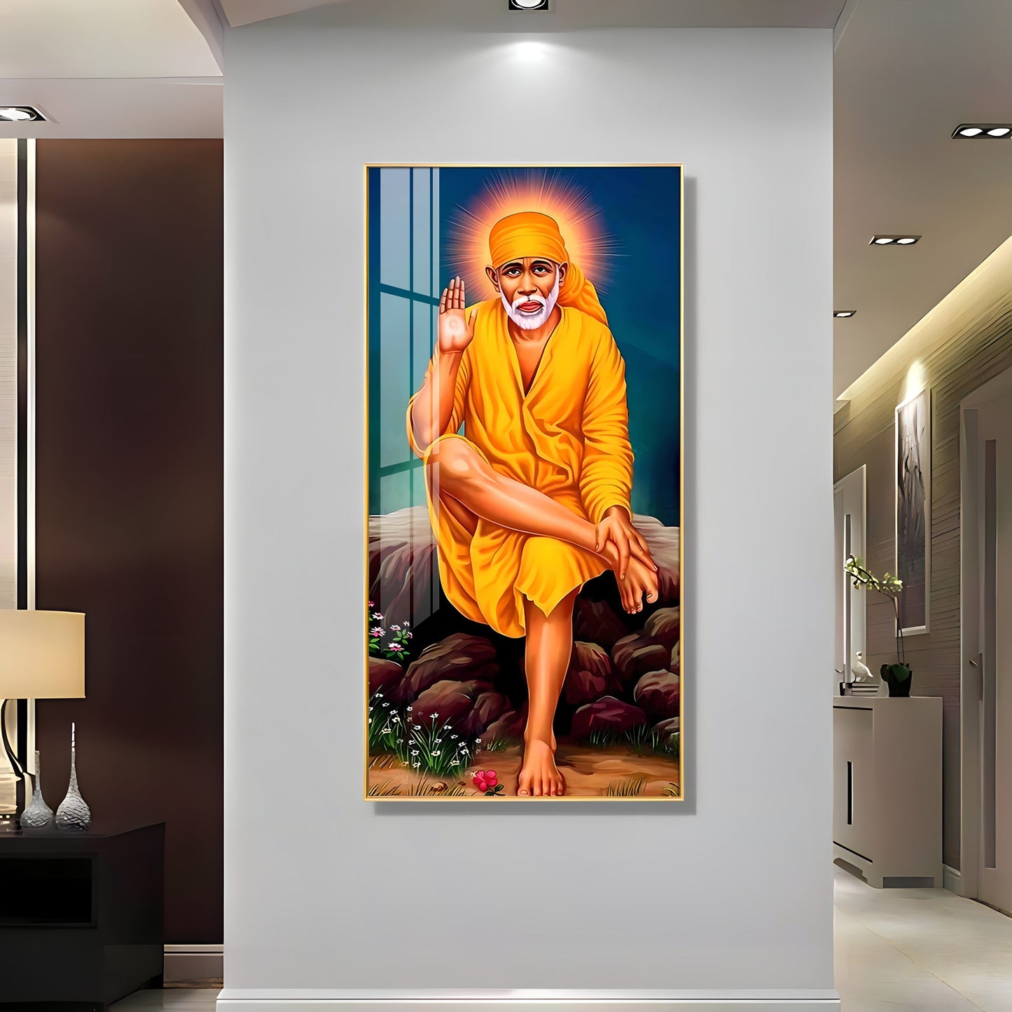 Shirdi Sai Baba Premium Acrylic Vertical Wall Art - 24X12 inches / Gold