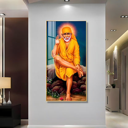 Shirdi Sai Baba Premium Acrylic Vertical Wall Art - 24X12 inches / Gold