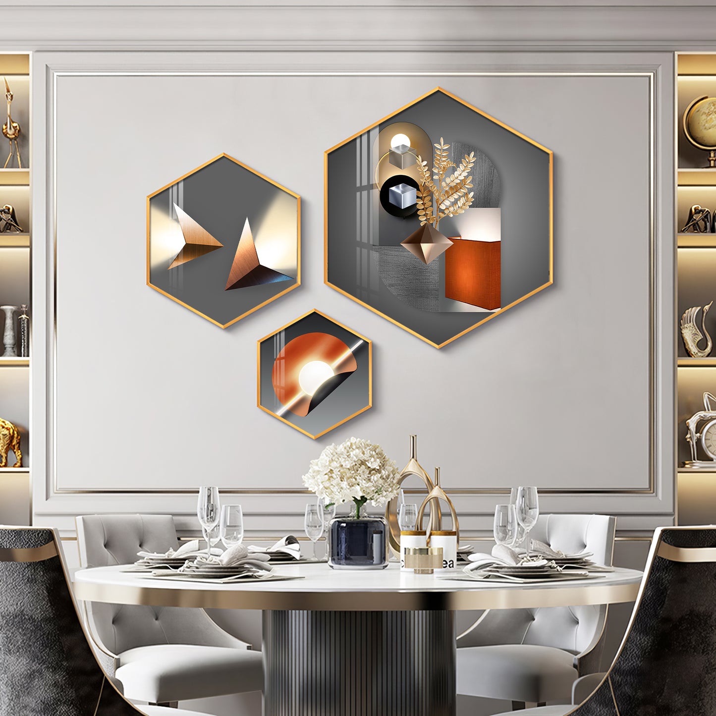 Luminious Abstract Premium Acrylic Hexagon Wall Art (Set of 3)